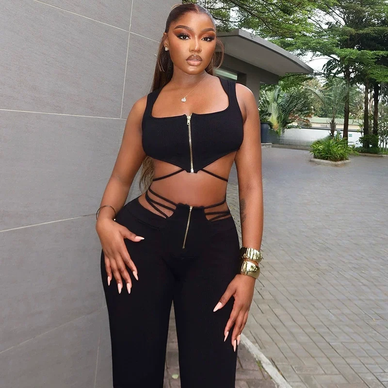 

New European and American Style Women's Sexy Black Sleeveless Top High Waist Strap Tight Sports Pants Set