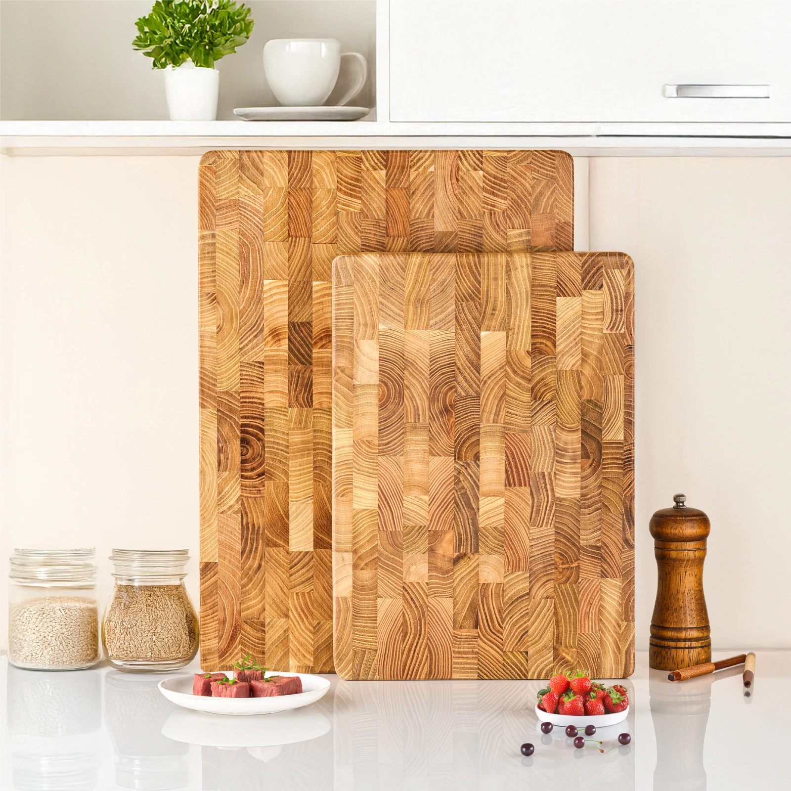 Teak Wood End Grain Cutting Boards for Kitchen, Large Wood Chopping Board with Hidden Handles, Wooden Charcuterie Board for Meat
