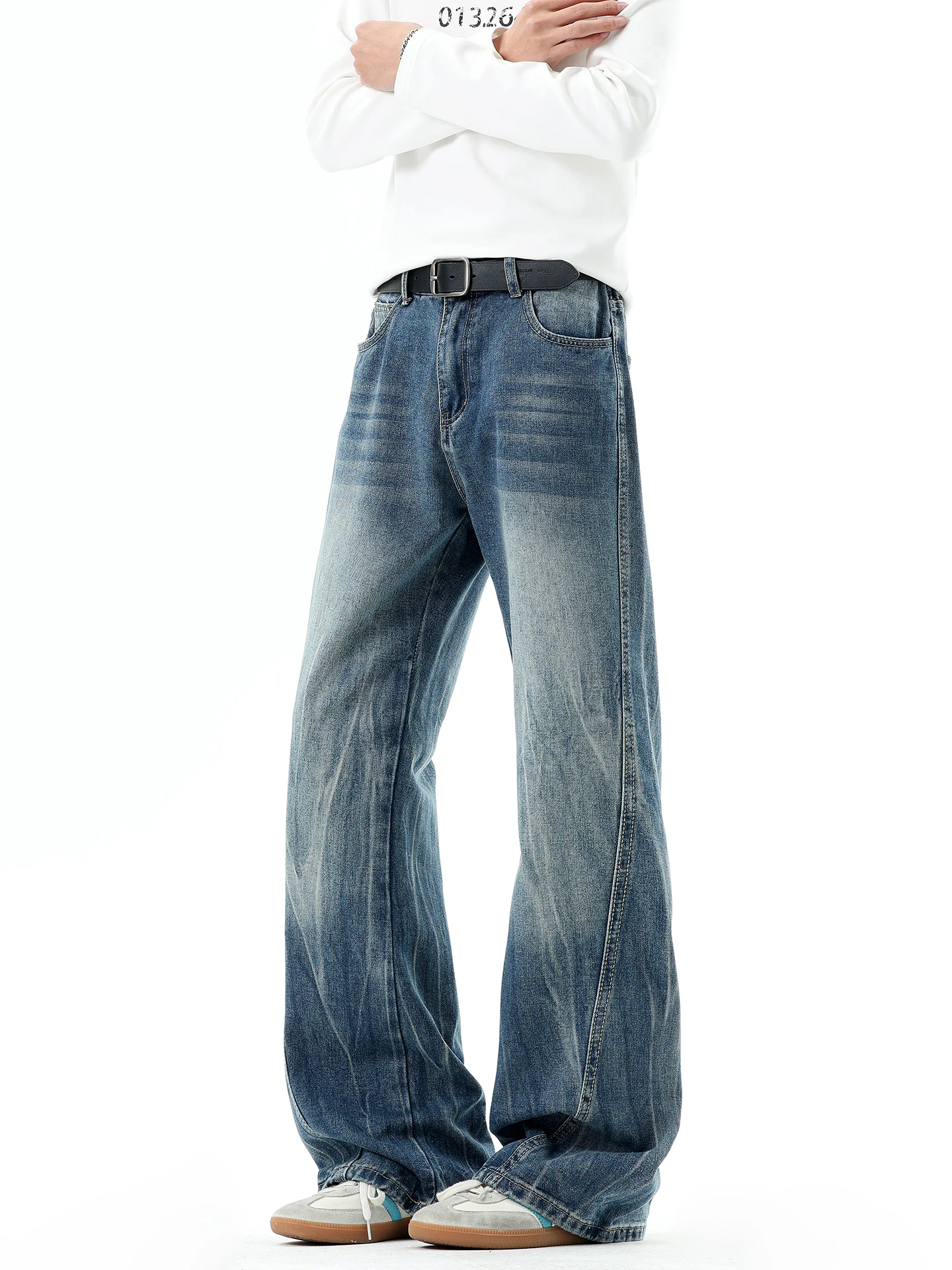 

Boyue American Retro Sle Flared Jeans Men Women Loose Straight Leg Whisker Design Sensation Floor-Length Pants