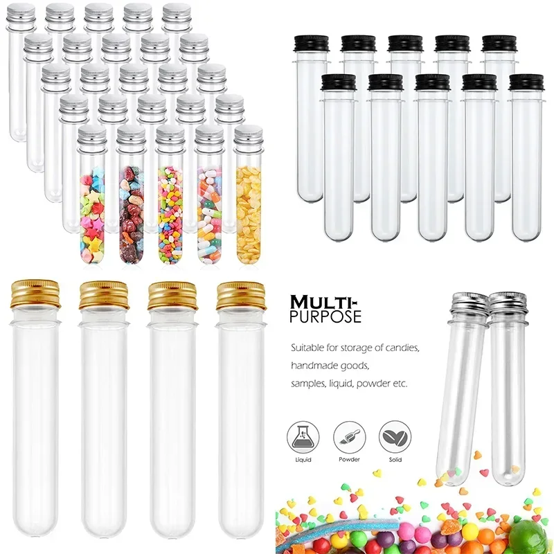 

10pcs Empty 30-100ml Clear Plastic Test Tubes with Screw Aluminum Caps for Scientific Experiments Bath Salts Candy Storage Party