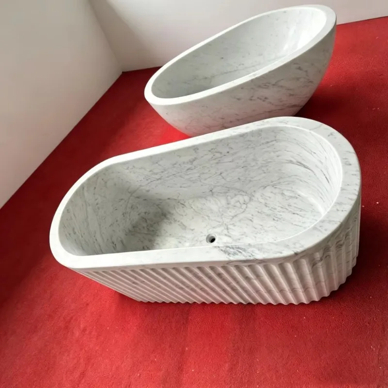 Hand-Carved Carrara White Marble Bathtub Contemporary Freestanding Tub With Fluted Design Premium Solid Stone Soaking Bath