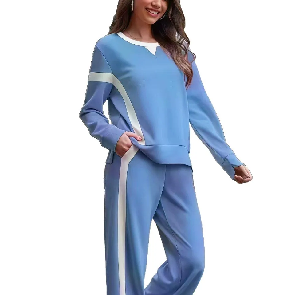 Loose Fashion Contrast Color Splicing Sweatshirt Sports Suit Women New Autumn Winter Side Stripe Wide Leg Pants Two Piece Set