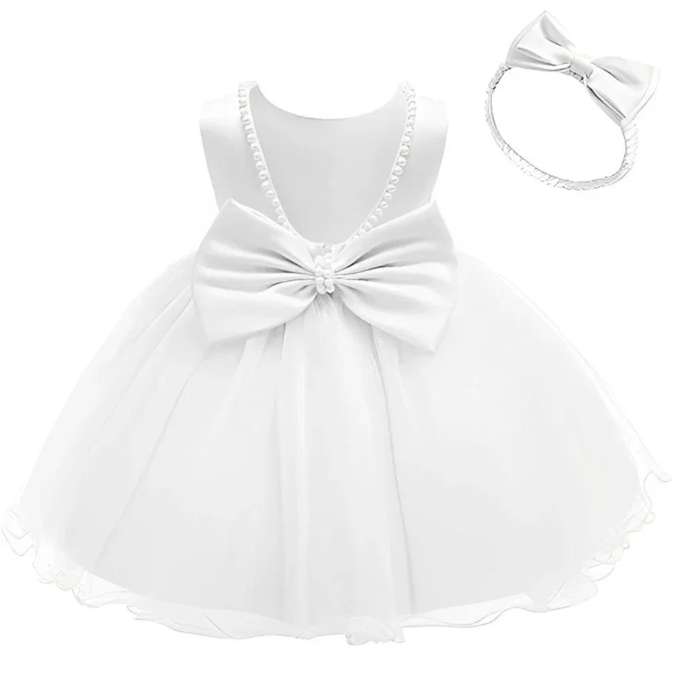 Newborn Baby Girls Baptism Dress For Baby Lace Princess Dress Solid Evening Clothes with Headband Infant Wedding Party Vestidos