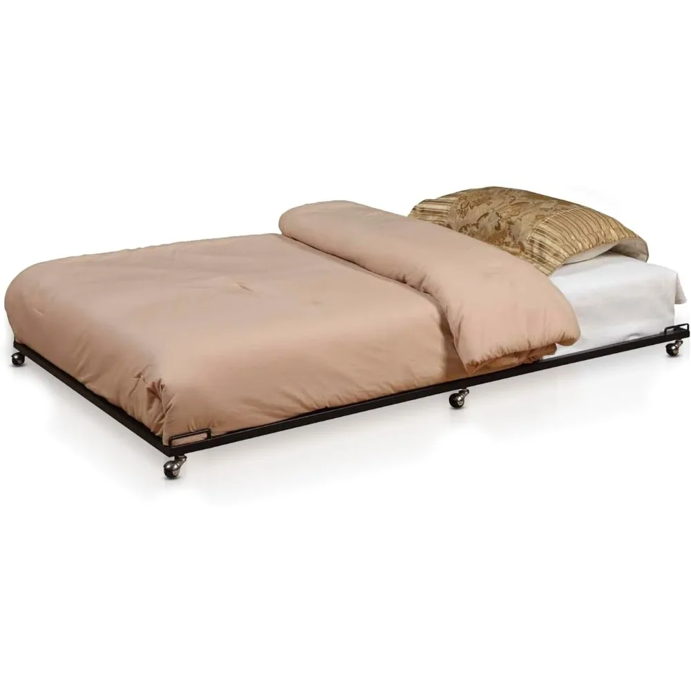 2K Furniture Designs Twin Size Black Metal Trundle Bed Frame Roll Out Under Daybed Guest Bed with Wheels