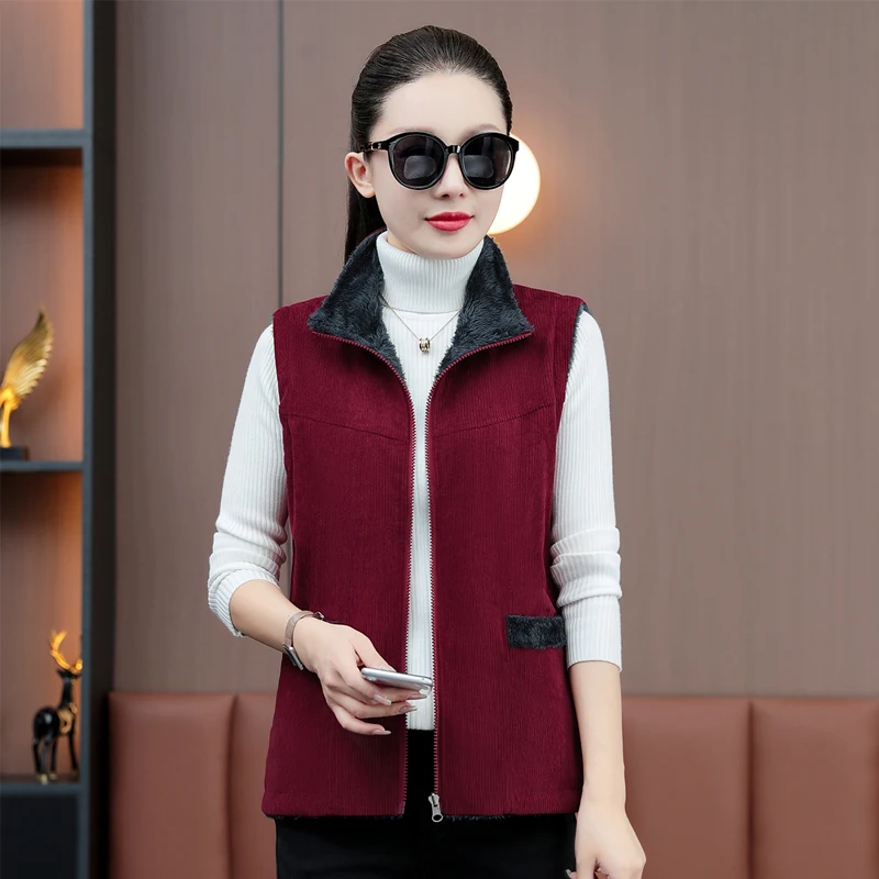 New Autumn Winter Fashion Stand Up Collar Versatile Corduroy Double-Sided Vest For Women With Plush And Thickened Warm Vest Coat