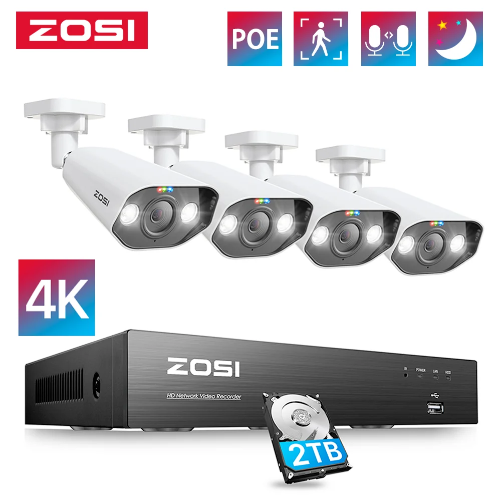 ZOSI 8CH POE Zestaw do monitoringu wideo 4K 8MP 5MP Super HD Zewnętrzne kamery IP AI Starlight Night Vision CCTV System kamer bezpieczeństwa