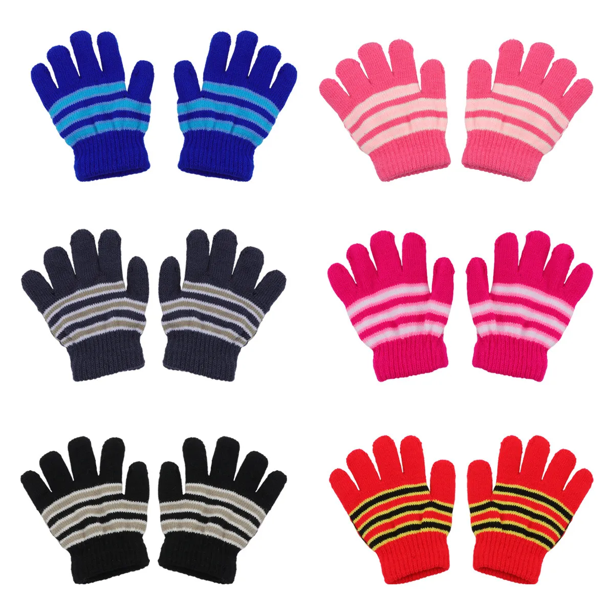 

6Pairs Kids Knitted Gloves Children Winter Full Finger Warm Soft Outdoor Protective Gloves for Boys Girls Age 2-5