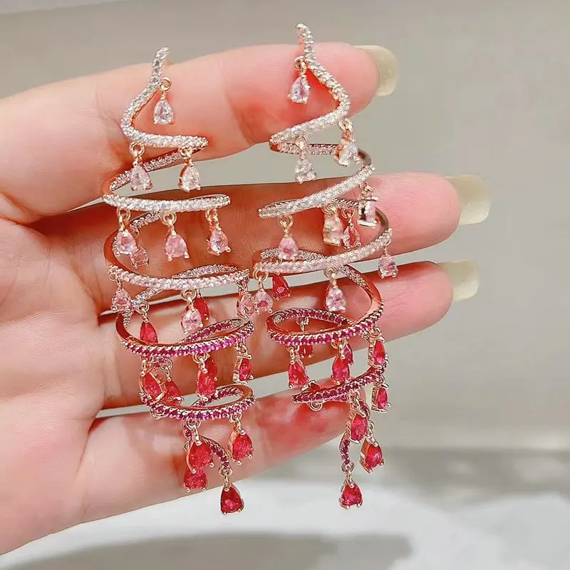 Bilincolor Blue  Cubic Zirconia Spiral Tassel Earring for Women