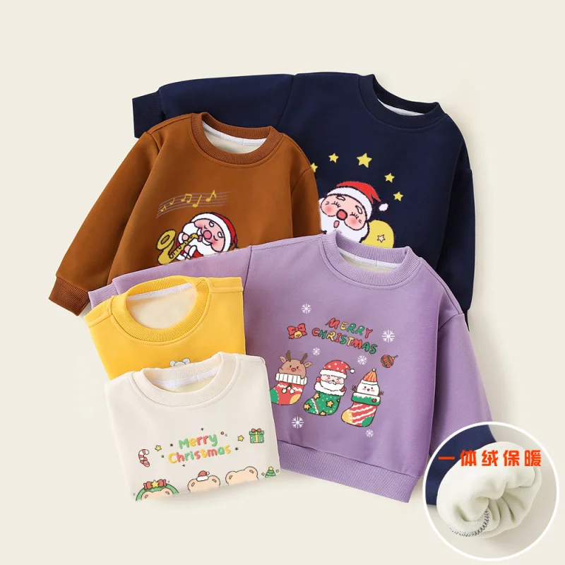 

1-8Y Children's Christmas Red Sweatshirt for Girls Boys Autumn Winter Sportswear Baby Kids Letter Velvet Thickened Tops Pullover