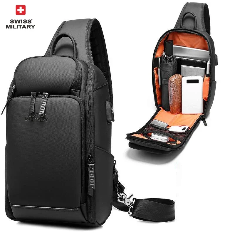 SWISS Men's Multifunctional Waterproof Chest Bag Fashion Shoulder Bag Sports Crossbody Bag Nylon Handbags Usb Bag Sling Pack