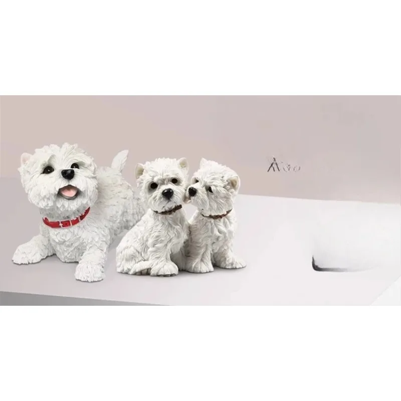 Yfa resina dois west highland terrier estátua adorável cão branco figuras de ação realista carro ornamento mesa modelo animal estimação