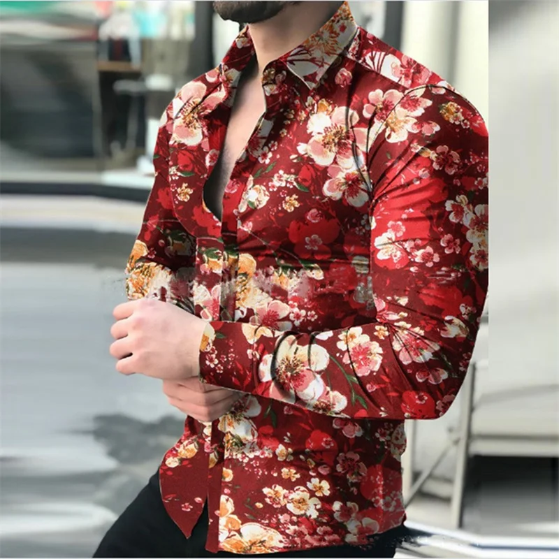 Men\'s long-sleeved Hawaiian personalized casual fashion design floral printed soft and comfortable lapel shirt