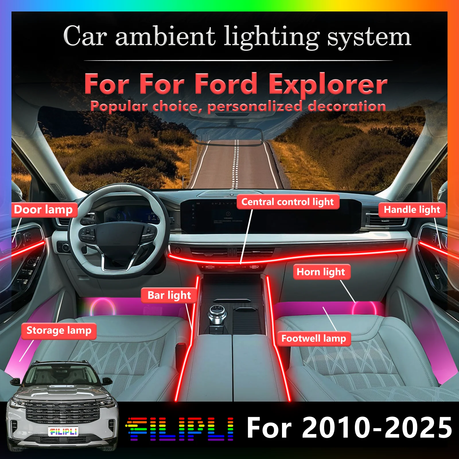 22 In1 for Ford Explorer U502 U625 Car LED Ambient Lamps Colorful Atmosphere Lights Auto Interior Neon Strip 64 RGB Lighting APP