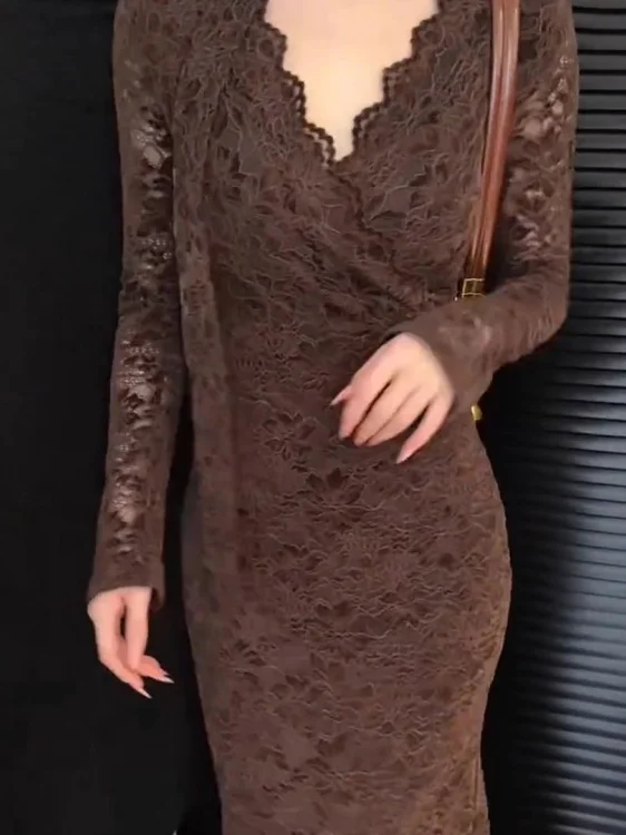 Retro Y2K Crochet Lace Cutout Brown Bodycon Dress French V-neck Long-sleeve Pencil Mermaid Hem Dress Party Prom Vestidos Robe