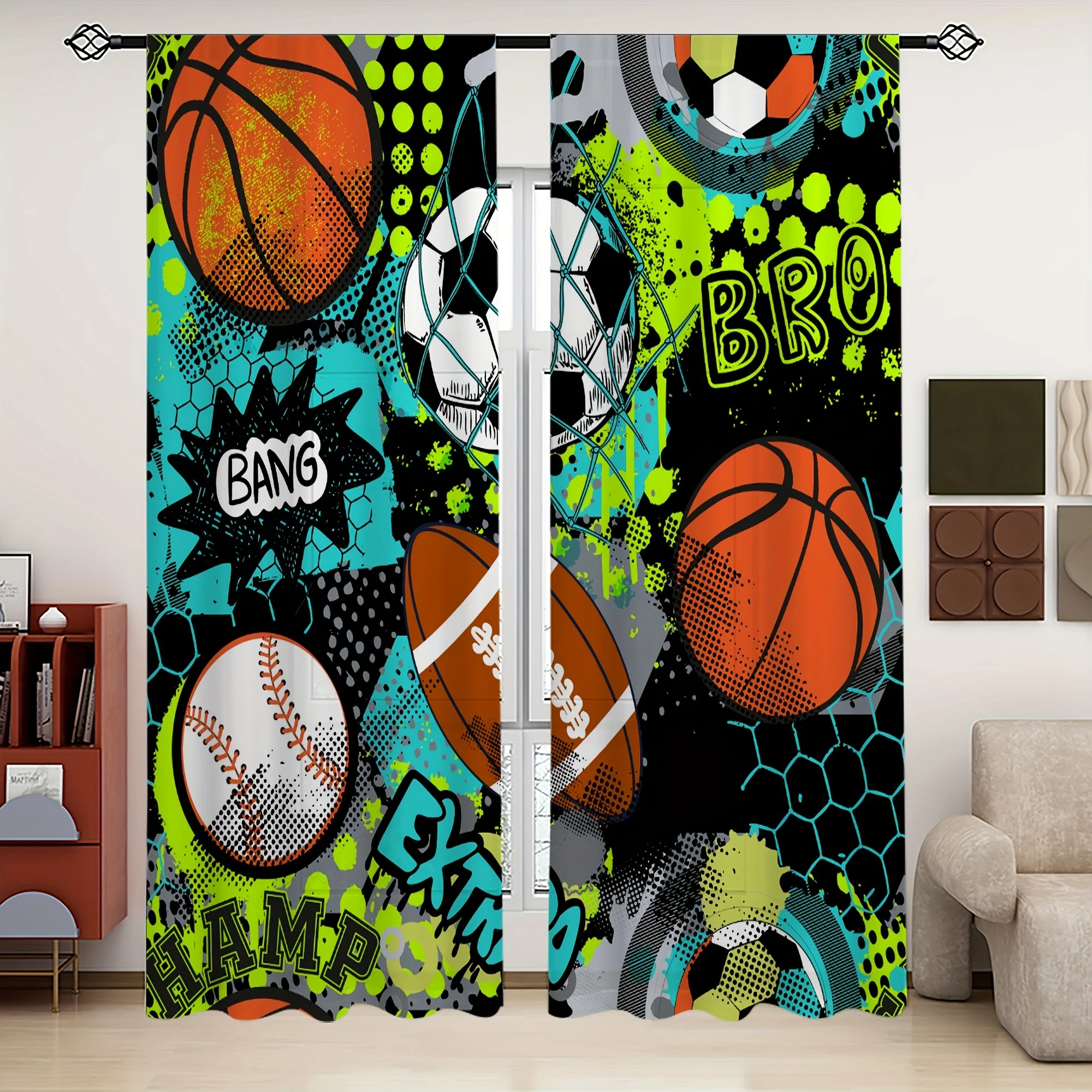 Sports Collage Curtain, Basketball Football Baseball Window Drape, Comic Style Boy Room Blackout Panel, Kids Home Decor