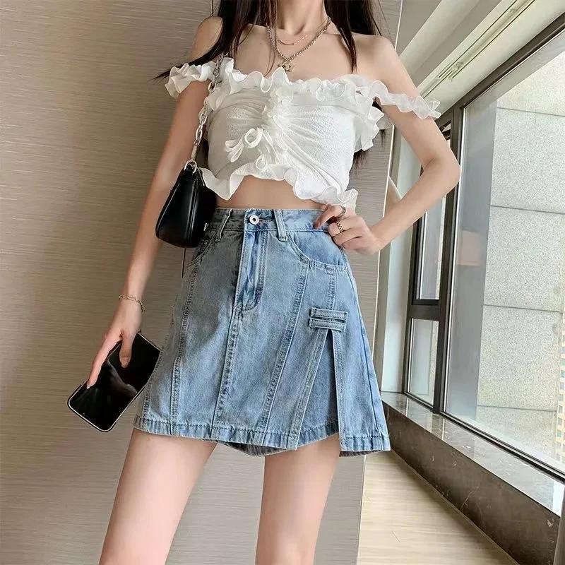 Mode hohe Taille Denim Culottes Frauen Sommer Design Baggy Jean Shorts gefälschte zweiteilige Futter Jeans Röcke blauen Hosen rock