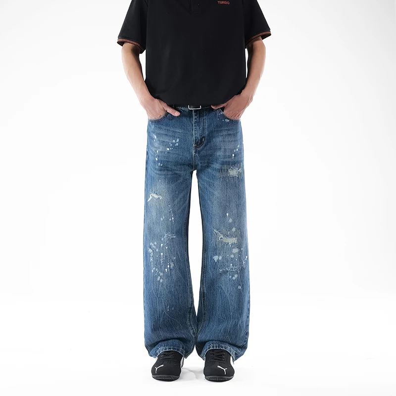 

Men's Vintage Washed Distressed Wide Leg Jeans Paint Splatter Ripped Hiphop Loose Denim Pants Motocycle Trousers No Decor