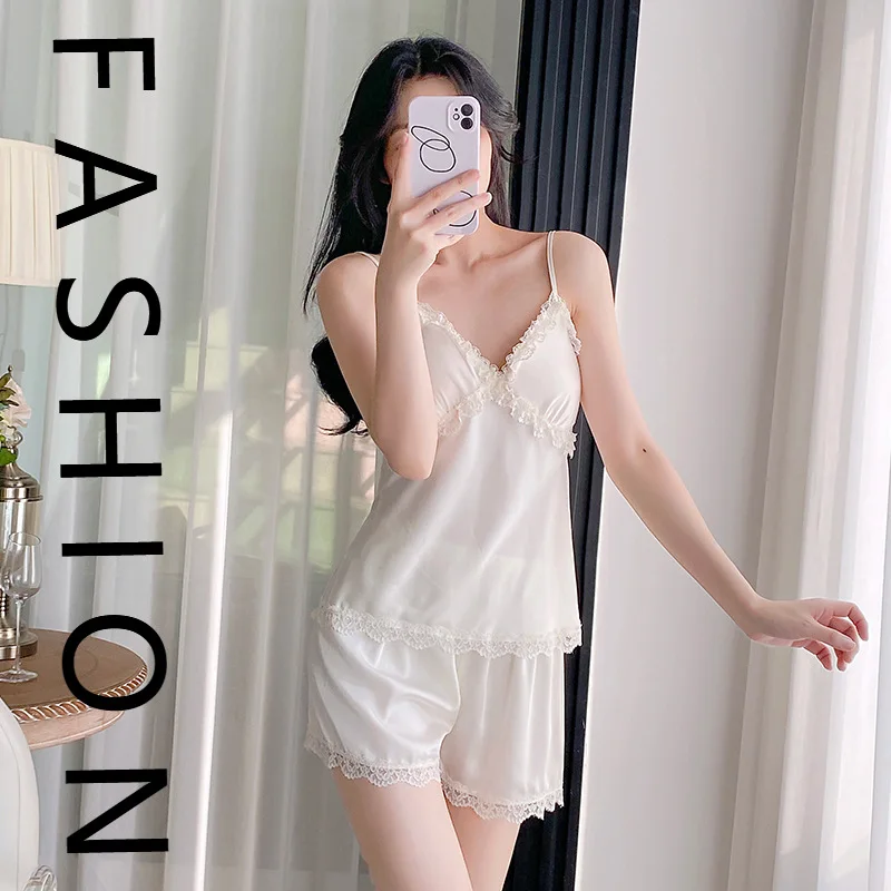 

Summer girls solid color spring loungewear suspender shorts set sexy breathable and comfortable with chest pad pure desire new