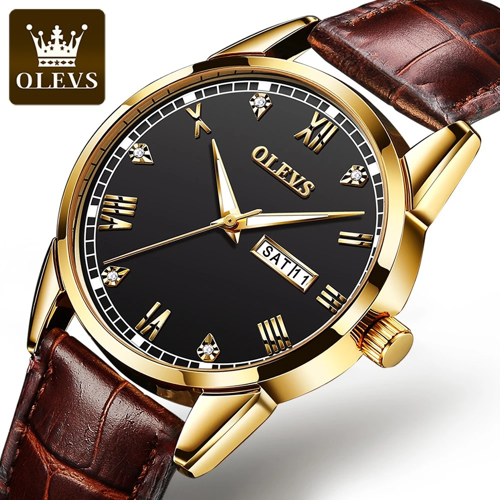 

OLEVS 6896 Fashion Quartz Watch Genuine Leather Watchband Round-dial Week Display Calendar Luminous