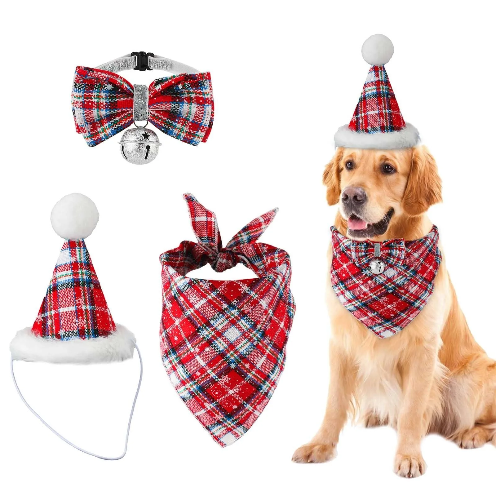 Adjustable Red Plaid Triangle Scarf for Dogs with Snowflake Bow Tie And Bell Christmas Costume Accessory for Pets