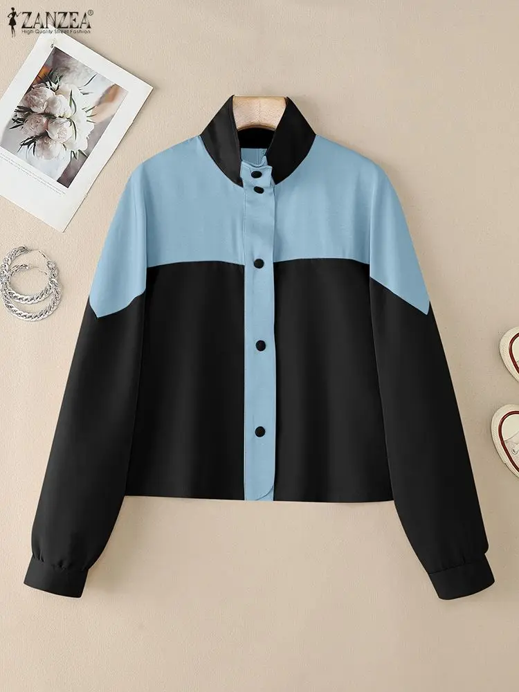 2025 ZANZEA Jesienna Bluzka z Kołnierzykiem, Długi Rękaw, Stylowe Koszule Damskie, Cienkie Okrycia Wierzchnie, Codzienne Kurtki Patchworkowe, Płaszcze, Bluzki z Guzikami