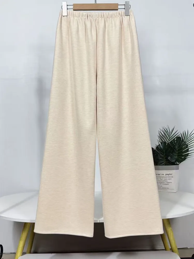 ハイウエストの羊毛混紡カジュアルストレートレッグパンツ、女性用高品質で快適な暖かいワイドレッグレジャーパンツ