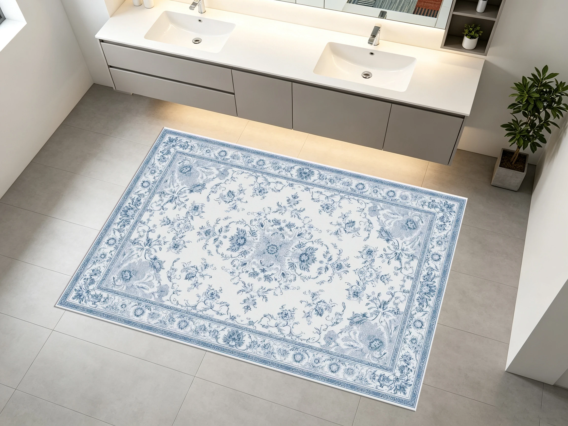 Fresh Blue‑White Vintage Floral Area Rug, Delicate Botanical Motifs, for Autumn Winter Home Remodeling, Decor for Bathroom and Living Room
