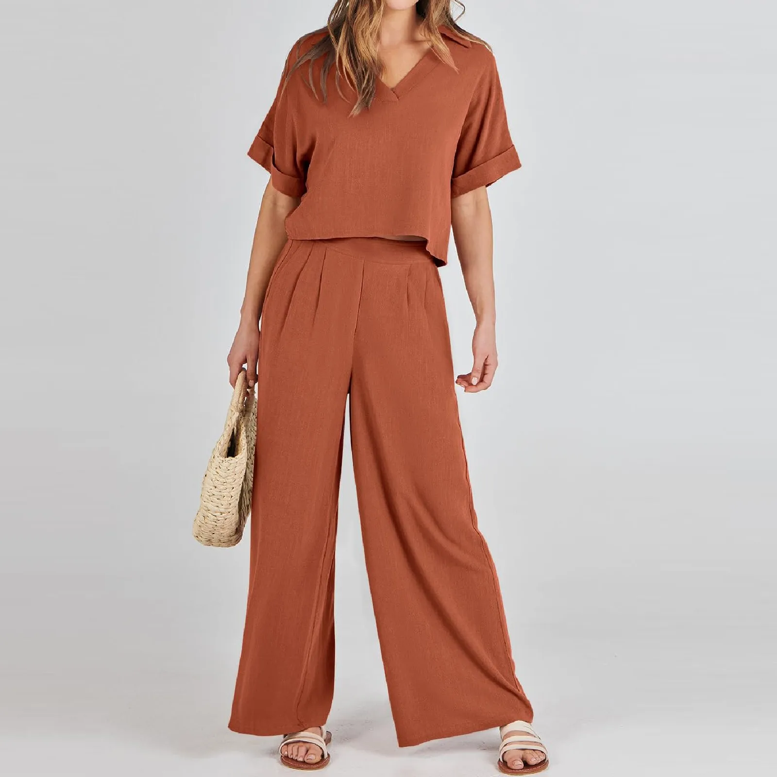 Ladies’ Solid Color Retro Basics Casual Commuting Short Sleeve V-Neck Top And Straight Long Pants Matching Set With Pockets