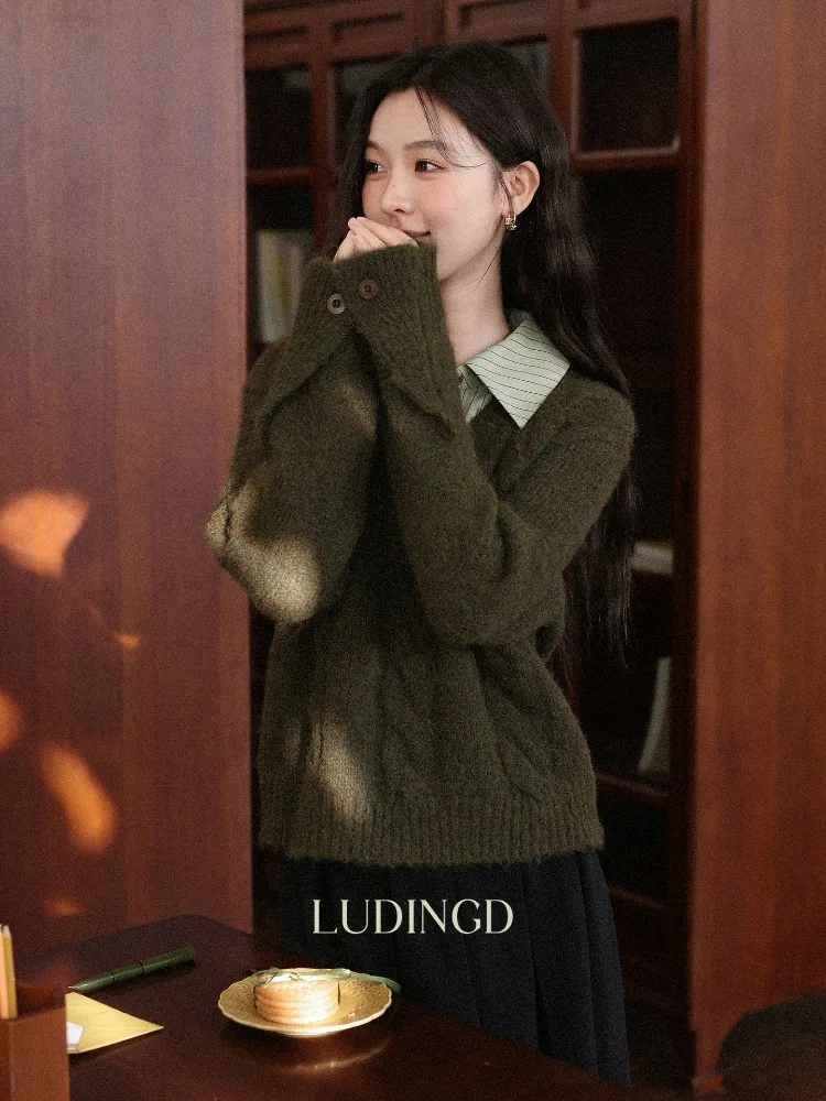 

ALXNAN Plus Size Women's Sweater Green Fake Two-Piece Striped Shirt Collar Pullover Casual Long Sleeve Knit Top Female D662168