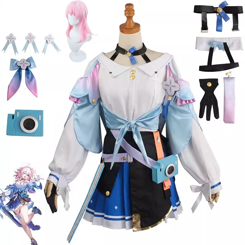 

Honkai Star Rail March 7th Cosplay Costume Initial Outfit Blue Pink Off Shoulder Jacket Skirt Full Set for Women Cosplay Party