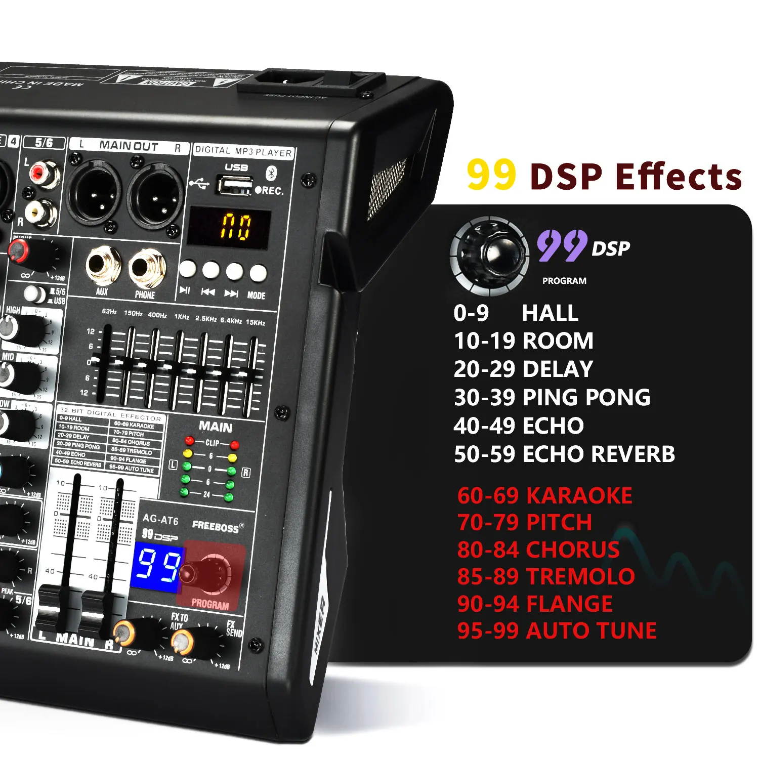 FREEBOSS 6 Channel 99 DSP Audio Mixer LED screen 48V Phantom Power Bluetooth 5.0 Play for House Party Mixing Console AG-AT6