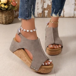 Summer Footwear Black Platform Wedge Sandals for Women Rubber Sole Buckle Peep Toe Elegant Woman's Shoes Sandalias Large Size 43