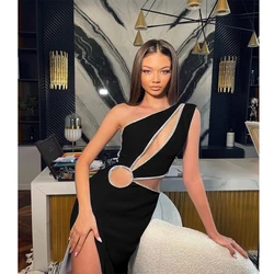 2022 New Summer Women One Shoulder Bandage Dress Sexy Sleeveless Hollow Out Diamonds Club Celebrity Bodycon Party Mini Dresses