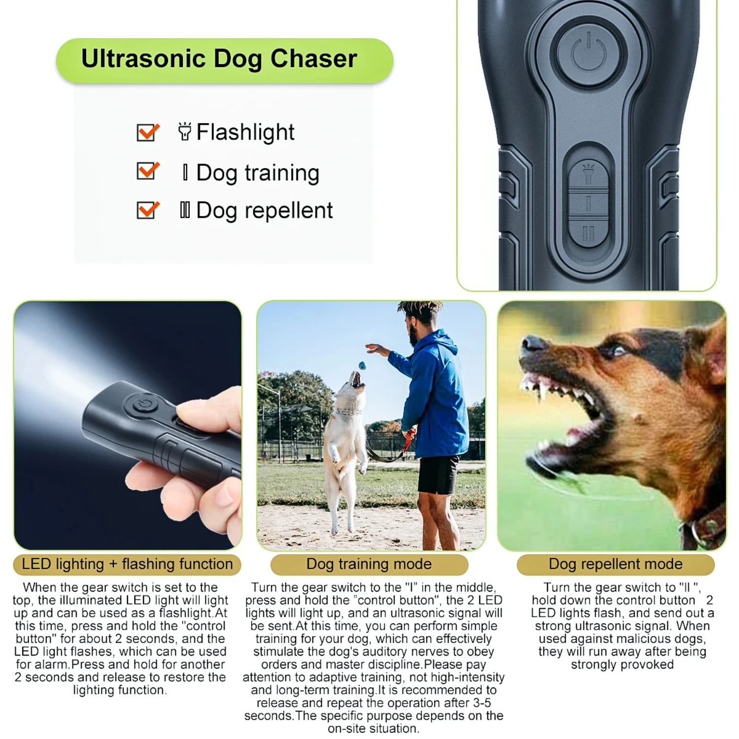 超音波犬用トレーニングデバイス,犬の吠え防止用のポータブルツール,充電式,LED懐中電灯付き