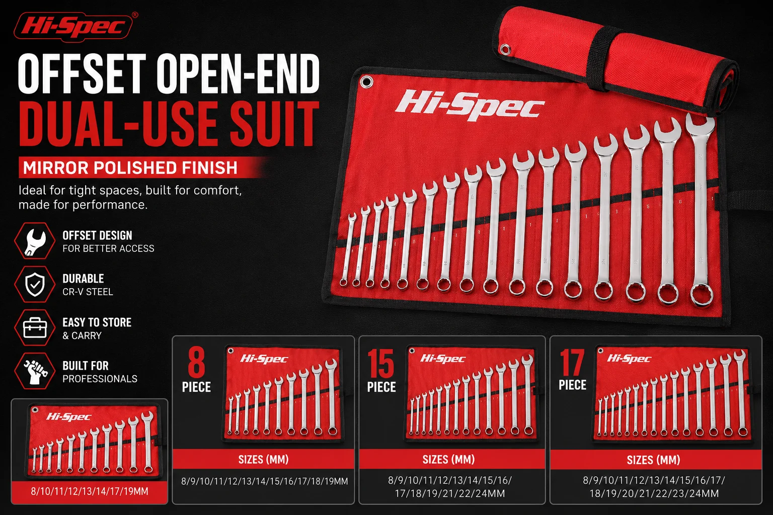 Hi-Spec Offset Open End Combination Wrench Tool Set CR-V Open Ring Combo Spanner Dual Use Hand Tool Kit for Home Garage Repair