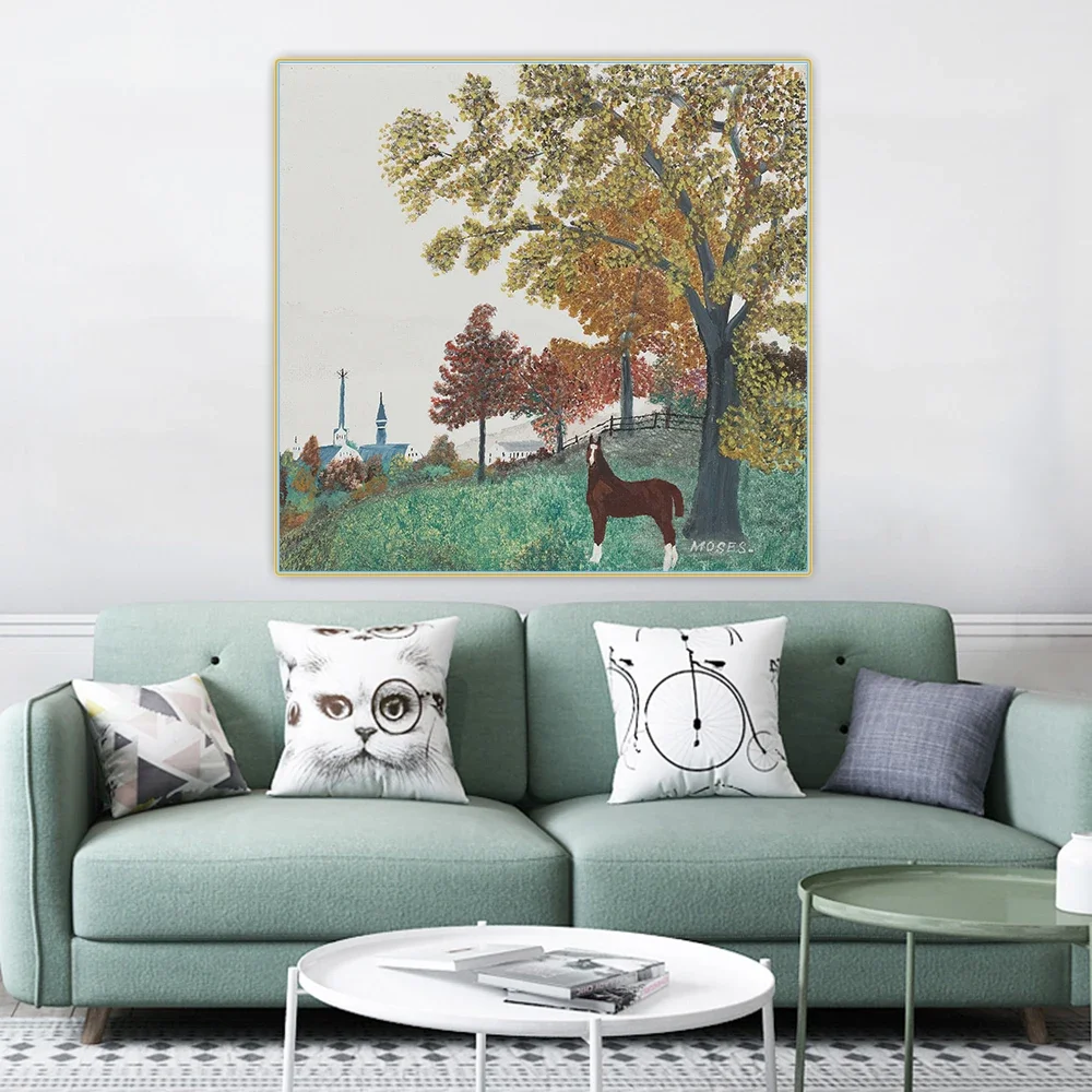 Citon Grandma Moses Anna Mary Robertson《Horse》Canvas Oil Painting Artwork Poster Decorative Picture Wall Decor Home Decoration