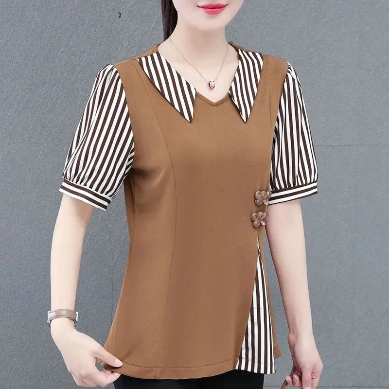 

Fake Two-Piece Shirts Women Short Sleeved Spring Autumn New Coat Stitching Fashion Striped Sweater Fashionable Top