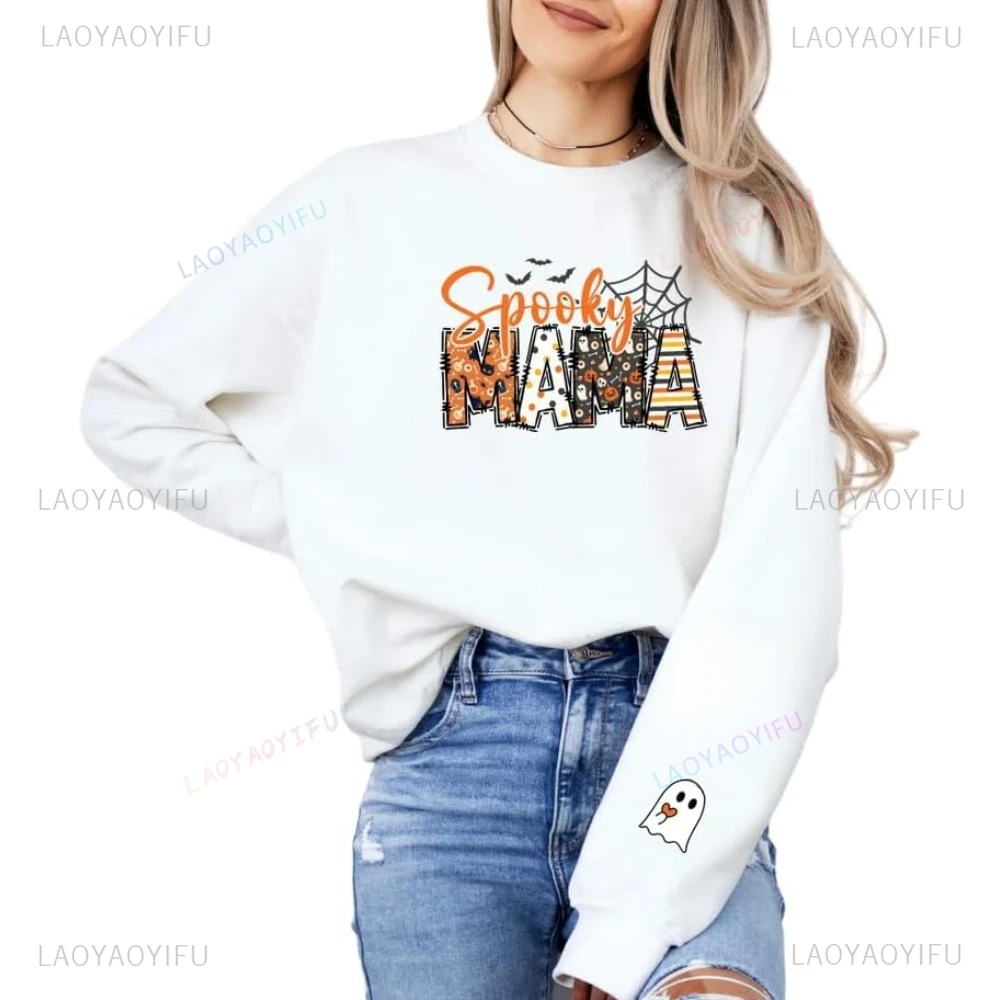 Funny Halloween Mom Sweatshirt 2024 Halloween Ghost Pattern Long Sleeve Fall/Winter Warm Jumper Costume