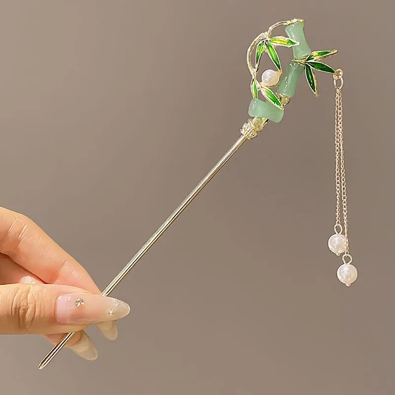 1pc Elegant Chinese Style Green Hairpin Tassel  Stick Traditional Floral Design Hairstyle Accessory Women Sweet Hanfu Hairneedle