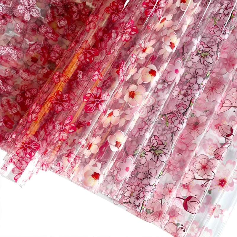 30x135cm 0.3mm Pink Flower Printed PVC Vinyl Beautiful Floral Pattern See Through Waterproof Vinyl Fabric for DIY Crafts Bags