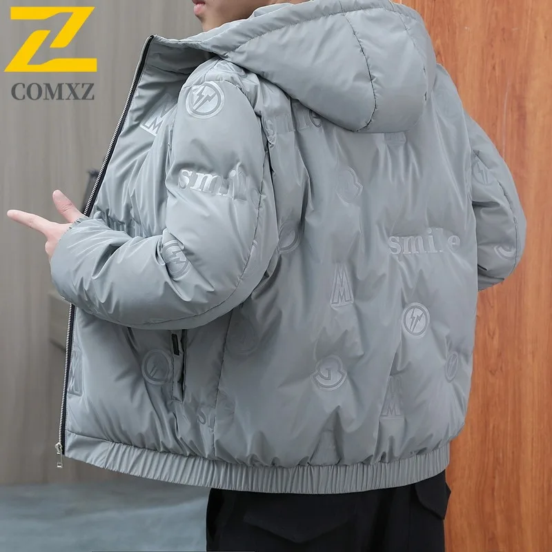 

COMXZ Down Steel Print Down Jacket Men Autumn Winter Fleece Lined Thickened Fashion Trend Casual Versatile Hooded Parka 2025