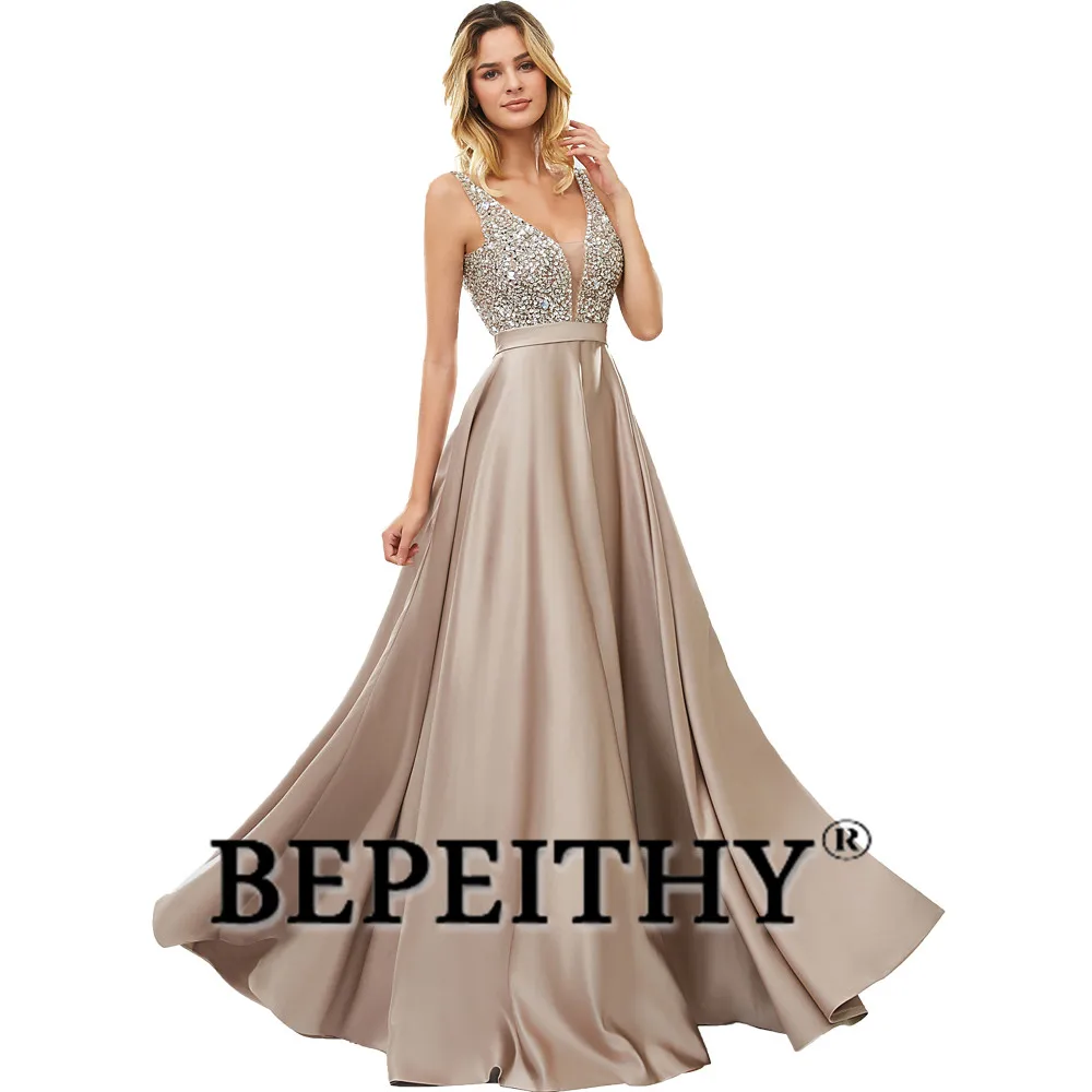 BEPEITHY V-ausschnitt Perlen Mieder Open Back Luxus Abendkleider Für Frauen 2023 EINE Linie Elegante Schnelle Verschiffen Satin Prom Kleid