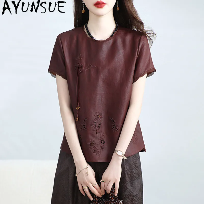 AYUNSUE 100% Real Mulberry Silk T Shirt Women Vintage Embroidered Womens Tops Xiangyunsha Shirt Woman Clothes 2026 Ropa De Mujer