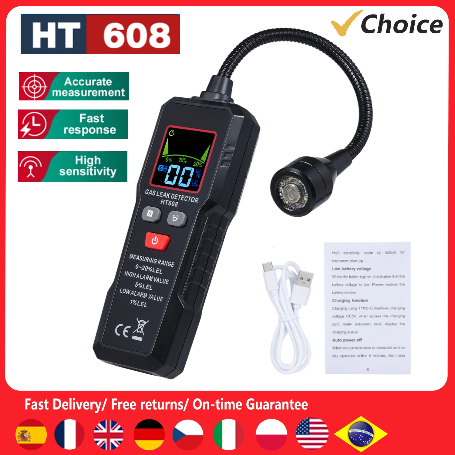

Gas Leak Detector for Gas Fuel Methane N-butane Ethylene with Flexible Hose Flashlight Acousto-optic Alarm Gas Leak Detector
