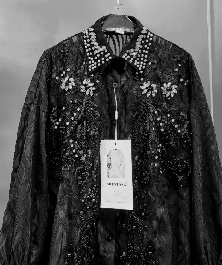 New In 2025 Spring Summer Sequined Diamonds Stitch High Street Y2K Shirts and Blouses For Women Long Sleeve Top Clothes