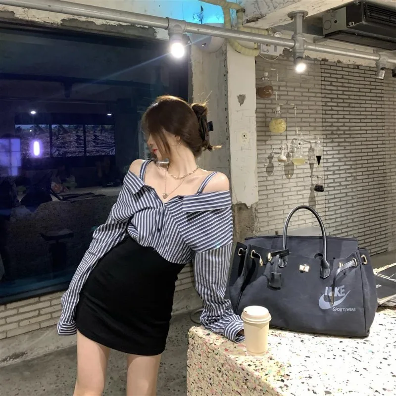 Korean Fashion One Shoulder Dress Autumn Stripe Long Sleeved Shirt Panel Wrapped Hip Fake Two Piece Dresses Female Clothing