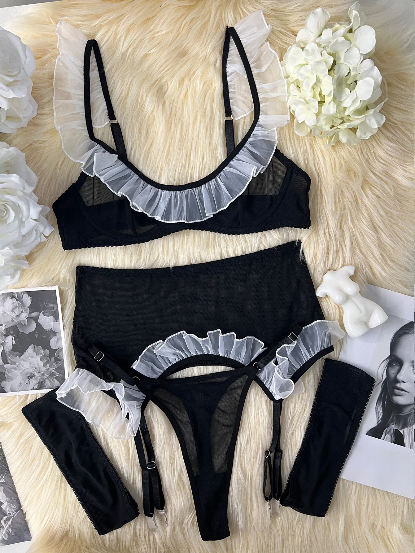 Ellolace Ruffled Lingerie 섹시한 성인 대담한 에로틱 한 의상 투명 레이스 성인 의상 앙상블 Femmes Romantic Hot Intimate