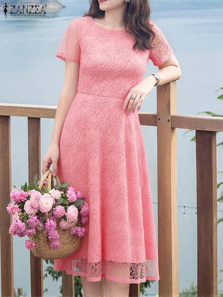 

Work Sundress Women Lace Dress Casual A-Line Robe Fashion Solid Color Short Sleeve Elegant Mid-Calf Vestido Fashion 2025 ZANZEA