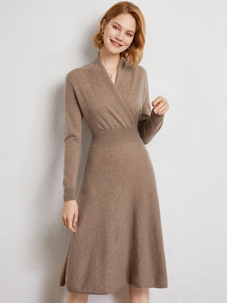 

Autumn Winter 100% Cashmere Long Sleeve Elastic Dress Women Slim Fit Elegant Knitted Over Knee Length Dress V Neck Cross Design