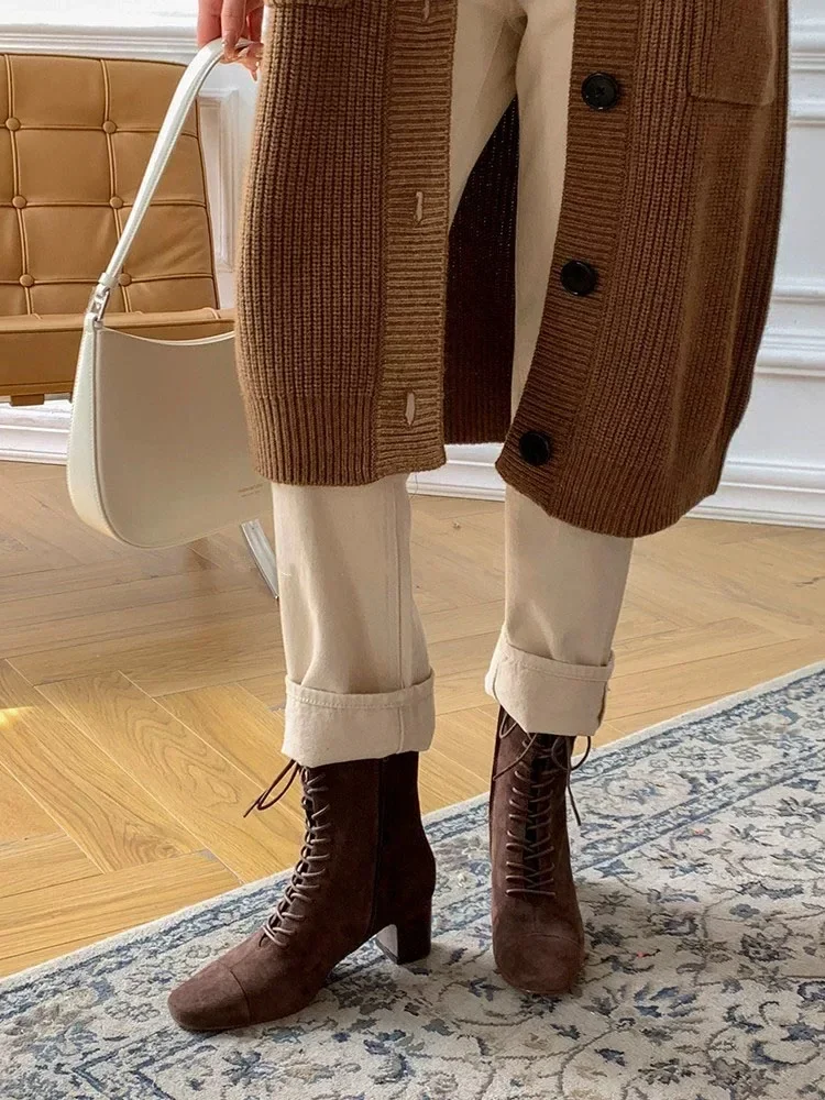

Autumn and Winter New French Square Toe Chunky Heel Ankle Boots for Women New Suede Vintage Lace-Up High Heel Short Boots